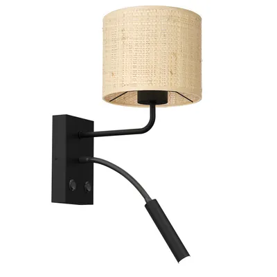 Zdjęcie produktu dla Kinkiet ścienny czarny kremowy abażur lampka do czytania 2 włączniki Rattan 1xE27 15W + 1xG9 8W Luminex