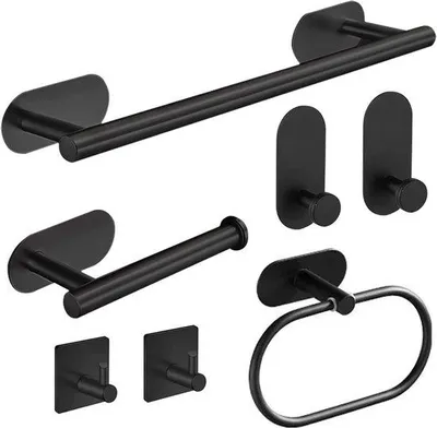 Produktbild von Unyqoos® 7‑teiliges Bad-Set: bohrfreier Handtuchhalter aus SUS304‑Edelstahl mit Toilettenpapierhalter, Handtuchring + 4 selbstklebende Haken, schwarz