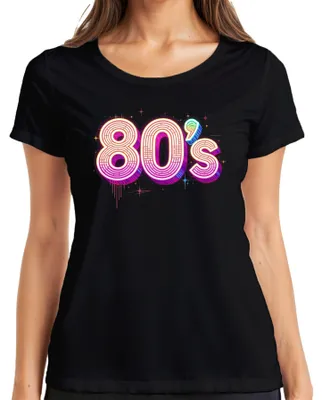 Zdjęcie produktu dla Koszulka damska w stylu retro disco z lat 80., z motywem neonowym, idealna na imprezę w stylu lat 80., w kolorze czarnym, rozmiar XL