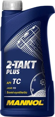 A product shot of a bottle of Mannol 2-Takt Plus oil.