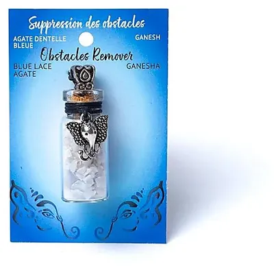 Produktbild von Glas-Geschenkflasche auf Kordel mit blauem Spitzenachat und Ganesha – Set mit 5 Stück – 3,6 cm