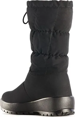 A side view of a black winter boot.