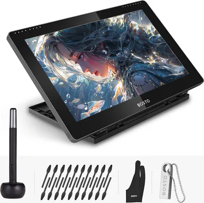 Obrázek produktu pro BOSTO 16HD 15,6" monitor grafického tabletu s IPS displejem 1920 x 1080, vysoké rozlišení, 16 K úroveň přítlaku s dobíjecím stylusem, 20 hrotů pera, pevný disk USB 16 GB, rukavice, čisticí hadřík, nastavitelný stojan
