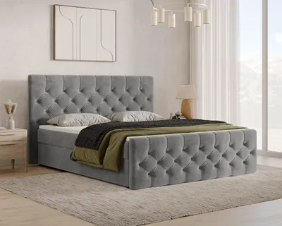 Produktbild von Chesterfield Boxspringbett, Kontinentalbett aus Samt, Polsterbett, dekorativem Kopfteil Doppelbett mit Bonell-Matratze, Topper und Bettkasten (gepolstertes Kopfteil, Boxspring) - Boxspringbett 13 160x200 – Grau (Flow 25)