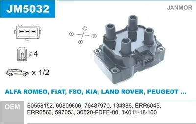 Obrázok produktu pre Zapaľovacia cievka JANMOR JM5032 pre vozidlá FIAT PUNTO (188), PUNTO (176), Scudo (kombi/furgon, 220) a LAND ROVER Discovery II (L318)