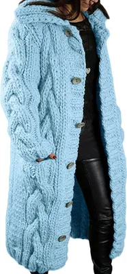 Produktbild von ASKSA Damen Strickjacke Grobstrick Casual Sweater Cardigan mit Knoepfen Oversize Strickcardigan, Hellblau, 3XL