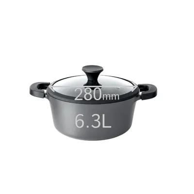 A gray pot with a glass lid and black handles is shown against a white background. Text indicating dimensions and capacity is overlaid on the image.