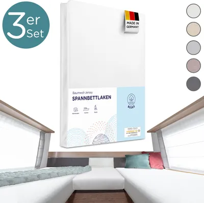 Produktbild von Beeke® Premium Spannbettlaken Wohnmobil [3 teilig] - Hergestellt in Deutschland - Als Wohnwagen Zubehör / Caravan Heckbett Matratze - 97% Baumwolle und 3% Elasthan - 200 g/m² - Weiß