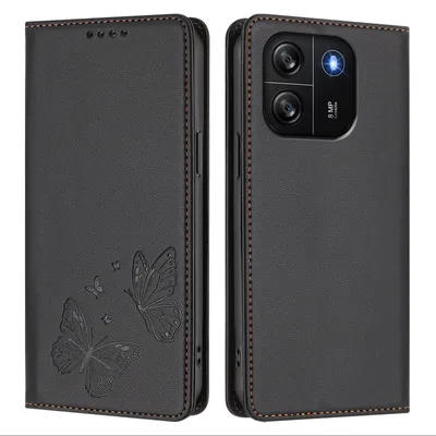 Image de Étui en cuir pour Blackview Wave 6C, motif papillon, étui portefeuille à rabat avec support, noir