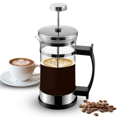French Press Kaffeepresse 0,6 l, 4 Tassen, Edelstahlfilter, Borosilikatglas