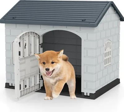 Produktbild von GOPLUS Hundehütte Outdoor, wetterfester Hundekäfig mit abschließbarer Tür, 3 Fenstern, geneigtem Dach, Haustierhaus Zuhause, 75 x 58 x 65 cm (Grau)