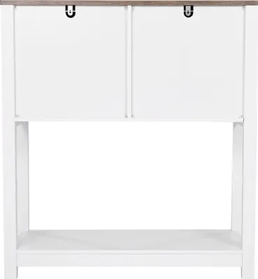 A front view of a white and brown cabinet with two doors.