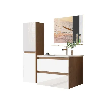 Produktbild von Badmöbel set Hochglanz 5 Tlg eiche / Weis Soft Close Badezimmer Möbel badmöbel
