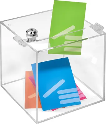 Produktbild von Losbox aus Acrylglas mit Schloß in 150x150x150mm - Zeigis® / Spendenbox / Aktionsbox / Gewinnspielbox / transparent / durchsichtig / Acryl /abschließbar