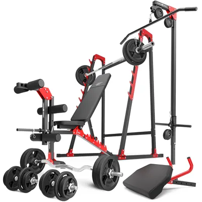 Produktbild von Marbo Sport Set MH26_174KG_KIER | verstellbare Hantelbank + Langhantelständer + Beintrainer + Latzug + Scott-Bank + Hantelstangen/Hantelscheiben Set 113 kg