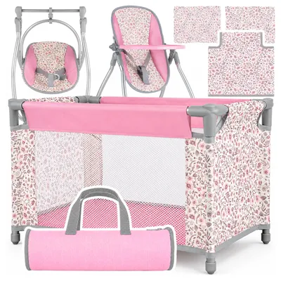Produktbild von Malplay Pink Flowers Puppenbett Set 3in1, Reisebett für Puppen bis 46 cm, Hochstuhl und Schaukel, Bettwäsche mit Kissen, Sicherheitsgurt, Tragetasche, Puppenzubehör ab 3 Jahren