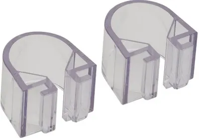 Two clear plastic pipe clamps are shown against a white background.