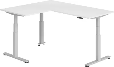 Produktbild von bümö Eckschreibtisch elektrisch höhenverstellbar L-Form - Nachbildung: Weiß, Gestell: Silber, Größe: Eckschreibtisch 180 x 160 cm