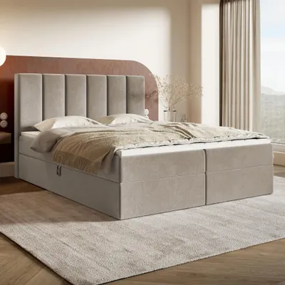 Produktbild von MOTIVENA Santiago Boxspringbett 180x200 Beige Samt (Jasmine 24), Bonellfederkern-Matratze (H4), T28 Komfortschaumstoff Topper (H3)