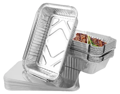 Immagine prodotto di Vaschette in alluminio con coperchio - 100 pezzi - 21 x 14 x 5 cm - Monouso - Per barbecue e catering