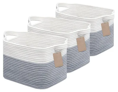 Image de Panier de rangement tressé en corde de coton, blanc et gris, lot de 3, dimensions : 33 x 25 x 22,5 cm