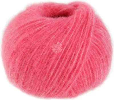 A single ball of pink yarn on a white background.