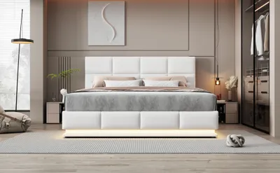 Immagine prodotto di okwish Letto imbottito Boxspring 180×200 cm con testata regolabile e illuminazione LED, letto idraulico con contenitore (senza materasso), Bianco