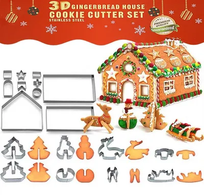Image de Ensemble de 18 emporte-pièces en acier inoxydable pour réaliser des maisons en pain d'épices en 3D, idéal pour la pâtisserie de Noël et les biscuits de fête
