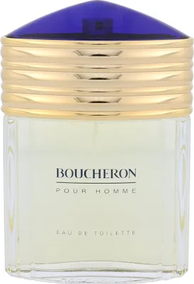 A close-up studio shot of a Boucheron Pour Homme Eau de Toilette bottle.