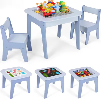 Image de Table d'activités pour enfants - Table de cubes en bois 2 en 1 avec 2 chaises - Avec espace de rangement - Bois - 60 x 60 x 49 cm - Pour le bricolage, la lecture et l'école maternelle - Bleu