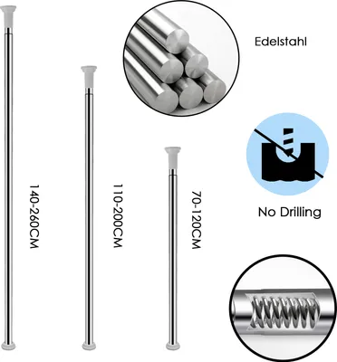 Produktbild von karpal Duschstange Teleskop 140-260cm Dusch Vorhang Stange Klemm Ausziehbar Ohne Bohren