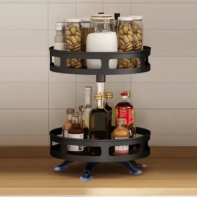 Produktbild von Küchenorganizer mit Drehteller, Gewürzregal für den Kühlschrank, Drehteller für Gewürze, Flaschen und Kosmetikartikel (2 Etagen, schwarz)