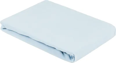 A folded light blue fitted sheet is shown on a white background.