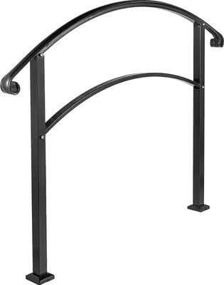 A black metal handrail for outdoor stairs against a white background.