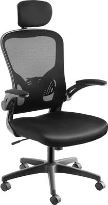 A black office chair with a headrest and adjustable armrests is shown against a white background.