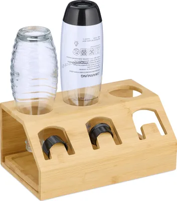 Immagine prodotto di Portabottiglie Relaxdays compatibile con le bottiglie Sodastream, in bambù, con vaschetta di raccolta, portabottiglie a 3 scomparti, colore naturale