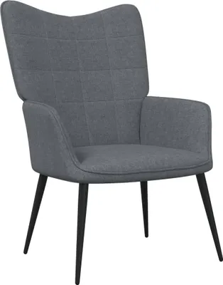 A studio shot of a dark gray fabric armchair with black legs.