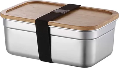 Produktbild von Lunchbox, Bento-Lunchbox aus Edelstahl mit Holzdeckel für Erwachsene und Kinder