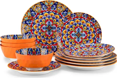 Zdjęcie produktu dla Ceramiczny zestaw naczyń, żywy kwiatowy wzór, trwały i bezołowiowy, 02 pomarańczowy, 12 szt