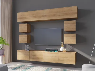 Produktbild von Wohnwand CALABRINI-16 Wohnzimmer-Set Hängewohnwand Schrankwand Schrank TV-Schrank Moderne Anbauwand (Goldene Eiche)