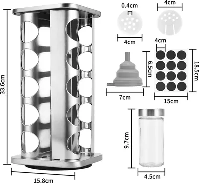 Image de Ensemble de pots d'épices - Étagère carrée pour épices - 20 récipients en verre - Carrousel à épices rotatif à 360° - Étagère d'angle - Couvercles en acier inoxydable