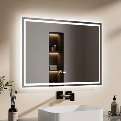 A modern bathroom vanity mirror with integrated LED lighting.