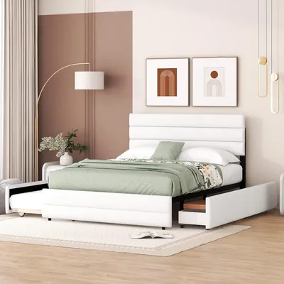 Produktbild von Fortuna Lai Polsterbett 140 x 200 cm Doppelbett, Plattformbett mit Räummaschine für Zwei Personen und Zwei Schubladen (Weiß)