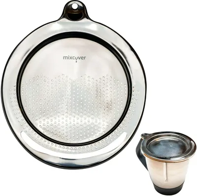 A kitchen utensil set, including a large circular strainer and a smaller cup-like strainer, displayed against a white background.