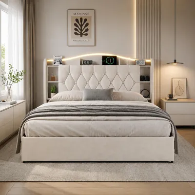Obrázek produktu pro Postel INONEFT, rozměr 140x200 cm, čalouněná, s LED osvětlením, porty typu C a USB, hydraulický úložný prostor s 7 úložnými přihrádkami v čele postele, potah z veluru, barva béžová, Obrázek vytvořený pomocí AI