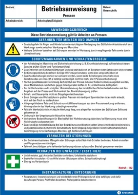 Produktbild von Dreifke® Maschinenbetriebsanweisung Pressen, Kunststoff, 210x297mm, ASR A1.3,...