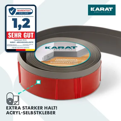 A roll of self-adhesive skirting board with a marketing badge and text.