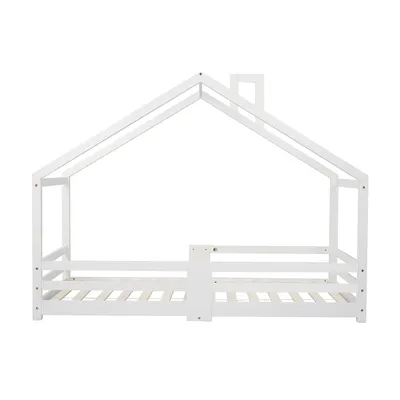 Produktbild von Kinderbett mit Schornstein Rausfallschutz Robuste Lattenroste Bodenbett Hausbett 90x200cm Weiß