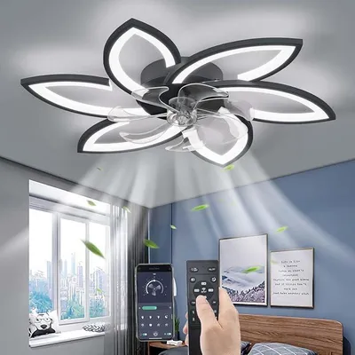Productafbeelding van Stille plafondventilator met verlichting en afstandsbediening, LED-dimbaar, moderne plafondlamp voor woonkamer en slaapkamer, instelbaar in 6 snelheden, zwart, 78 cm