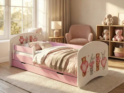Produktbild von Happy Babies Kinderbett - Mit Matratze & Schublade und Rausfallschutz, 70x140, Mädchen Kinderbetten & Jugendbett Jungen Kids Bed, Rose, Pink
